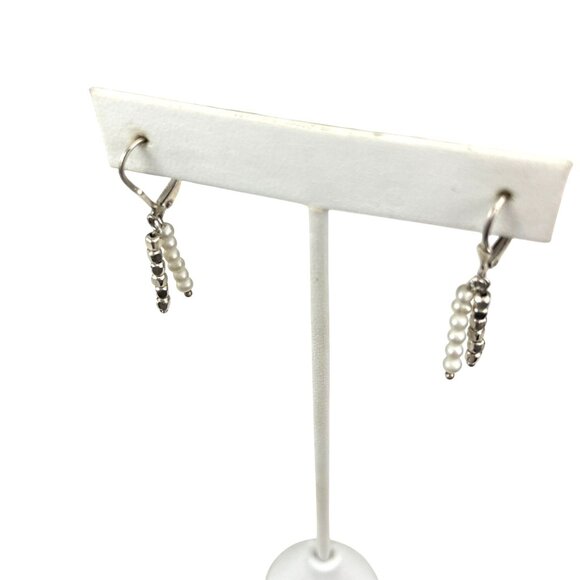 Sterling Silver & Pearl Dangle Earrings With Leverback Closure Vintage - Picture 4 of 8